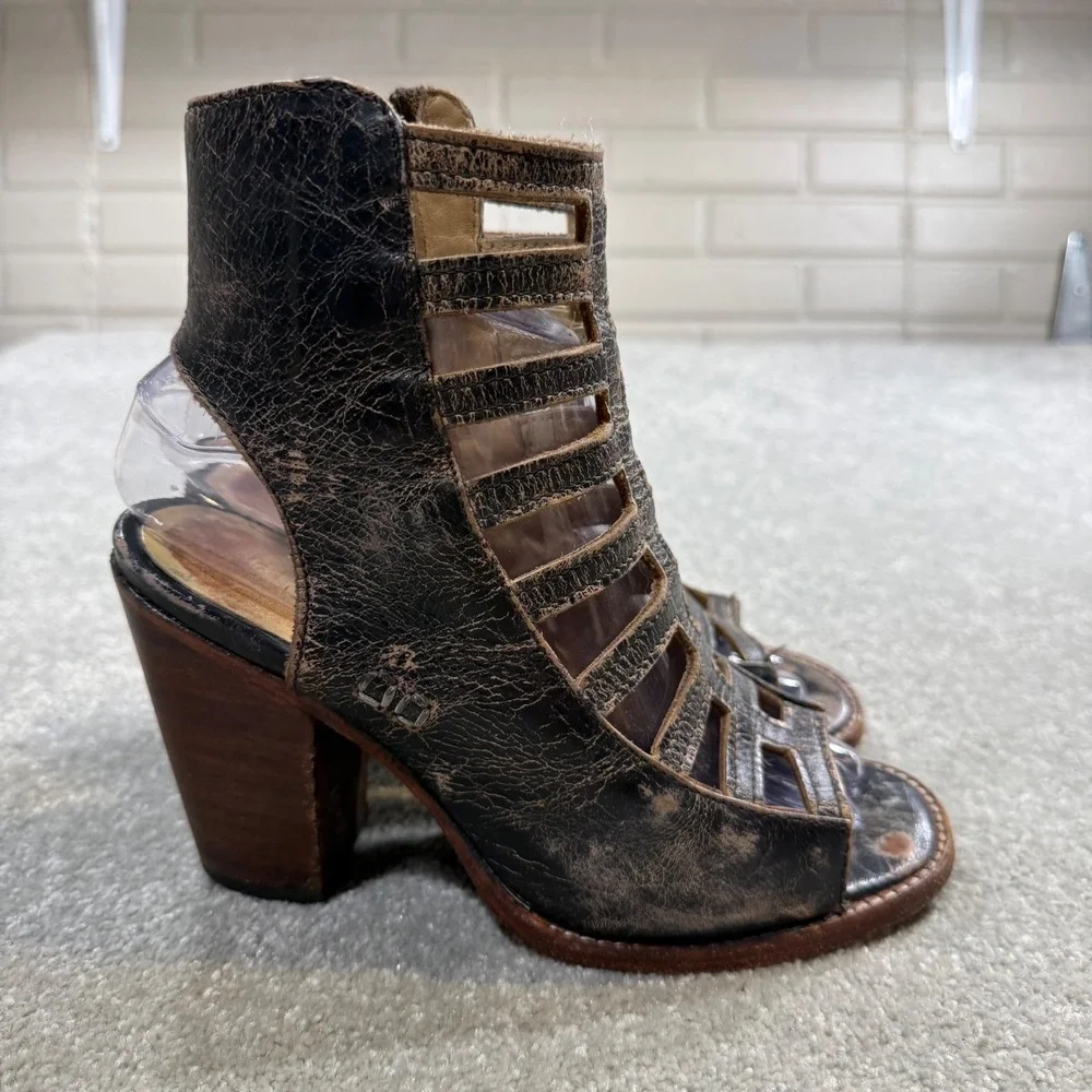 BED STU Occam Gladiator Distressed Leather Cage Peep Toe Heels Sz 6 Bench Made